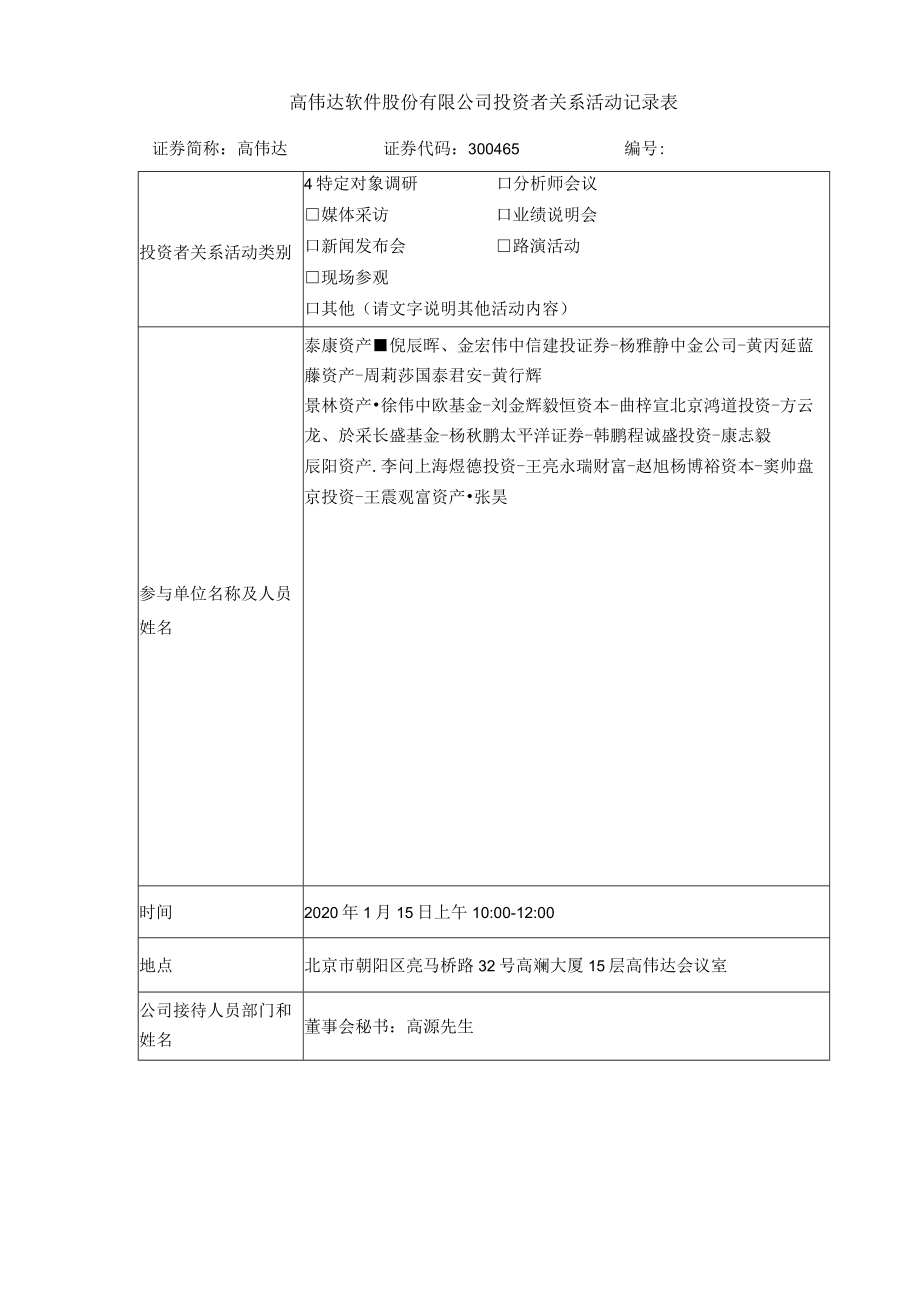 高伟达软件股份有限公司投资者关系活动记录表.docx_第1页