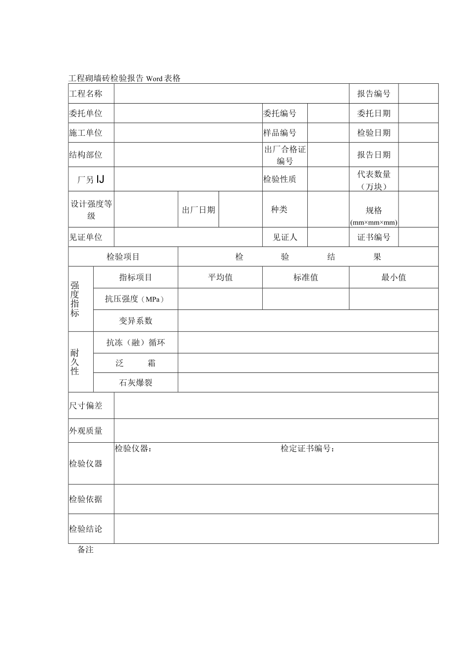 工程砌墙砖检验报告Word表格.docx_第1页