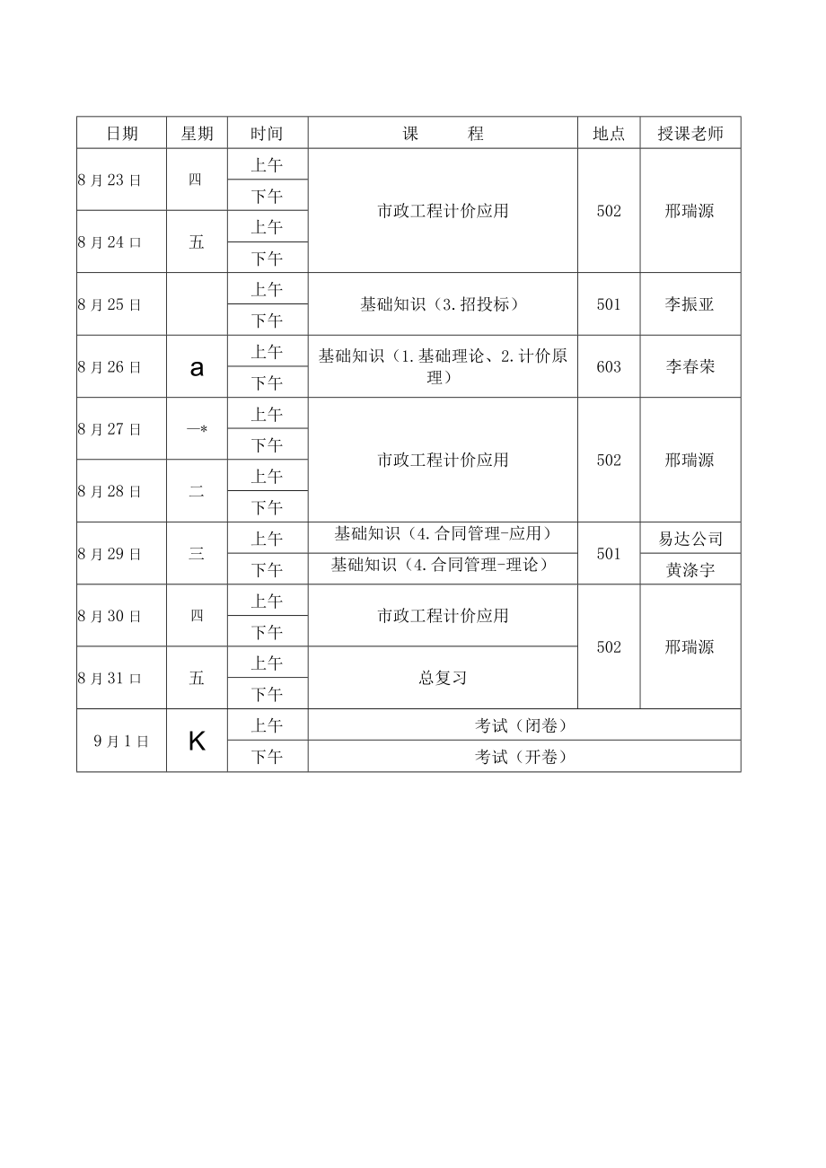 造价员各班学习课程表安装专业培训班课程表.docx_第2页