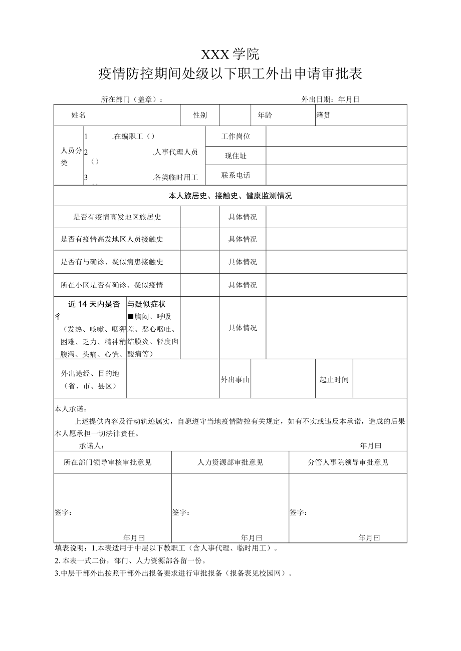 学院疫情防控期间处级以下职工外出申请审批表.docx_第1页