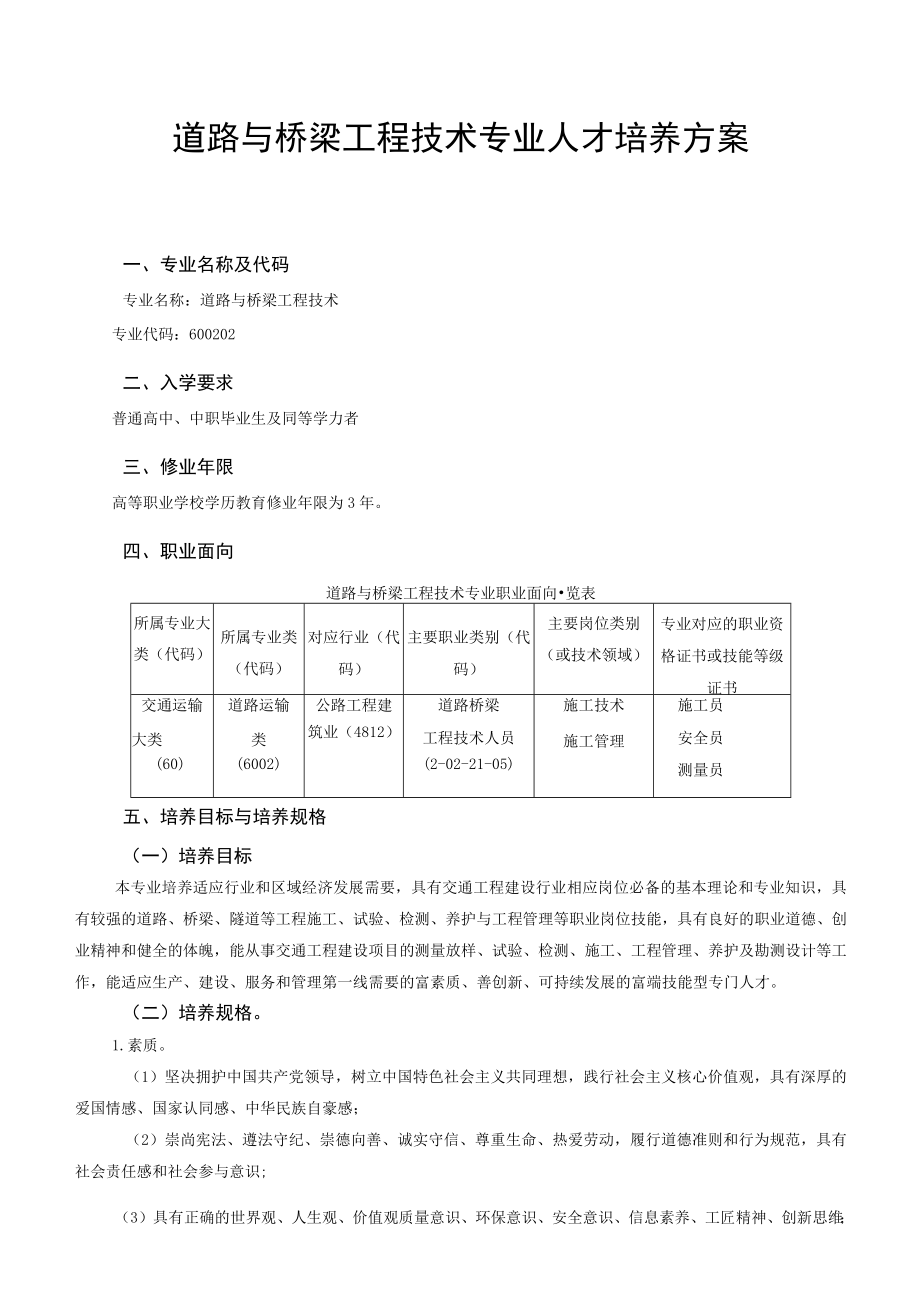 道路与桥梁工程技术专业人才培养方案.docx_第1页