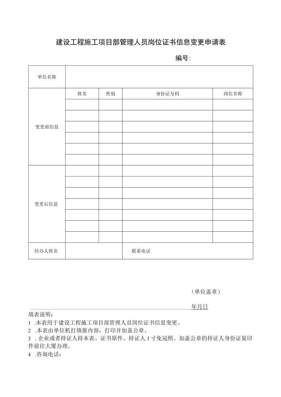 建设工程施工项目部管理人员岗位证书信息变更申请表.docx_第1页