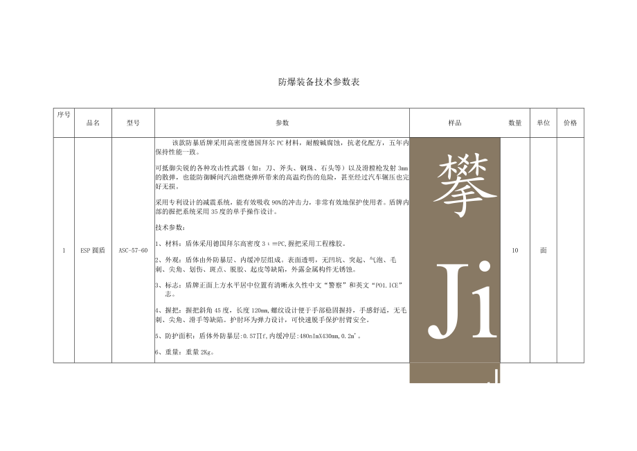 防爆装备技术参数表.docx_第1页