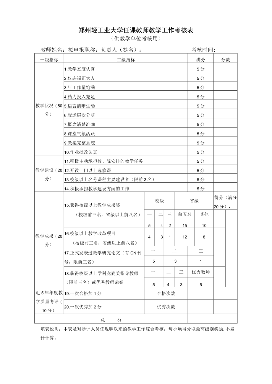 郑州轻工业大学任课教师教学工作考核表.docx_第1页