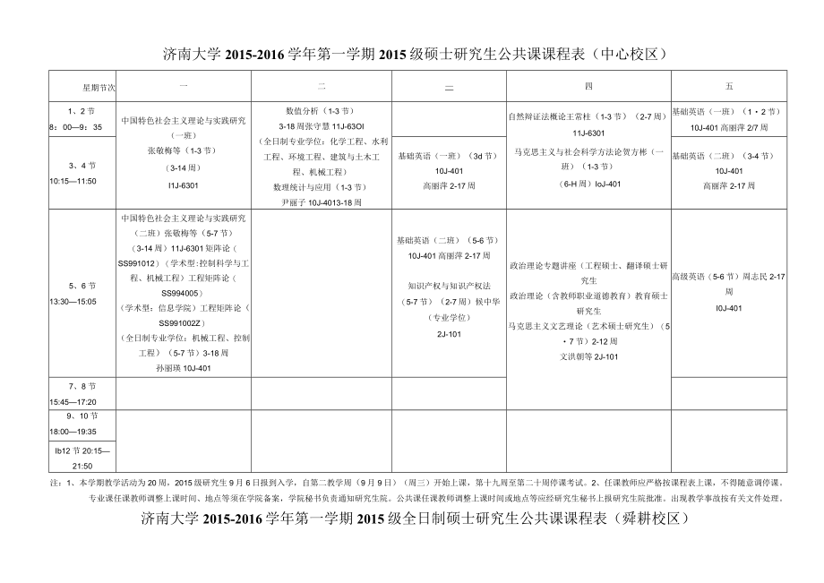 济南大学2015-2016学年第一学期2015级硕士研究生公共课课程表中心校区.docx_第1页