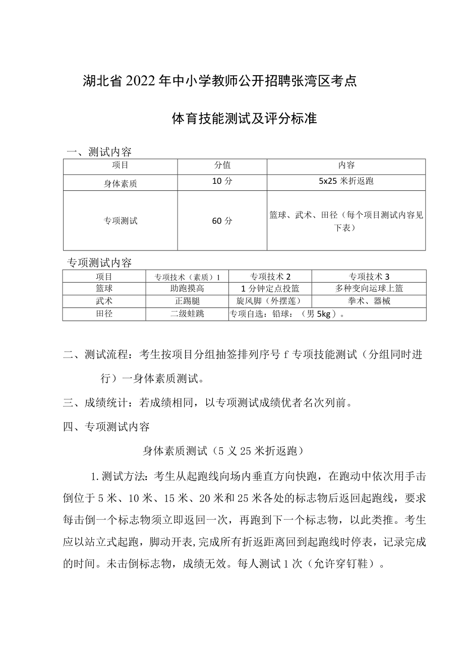 湖北省2022年中小学教师公开招聘张湾区考点体育技能测试及评分标准.docx_第1页