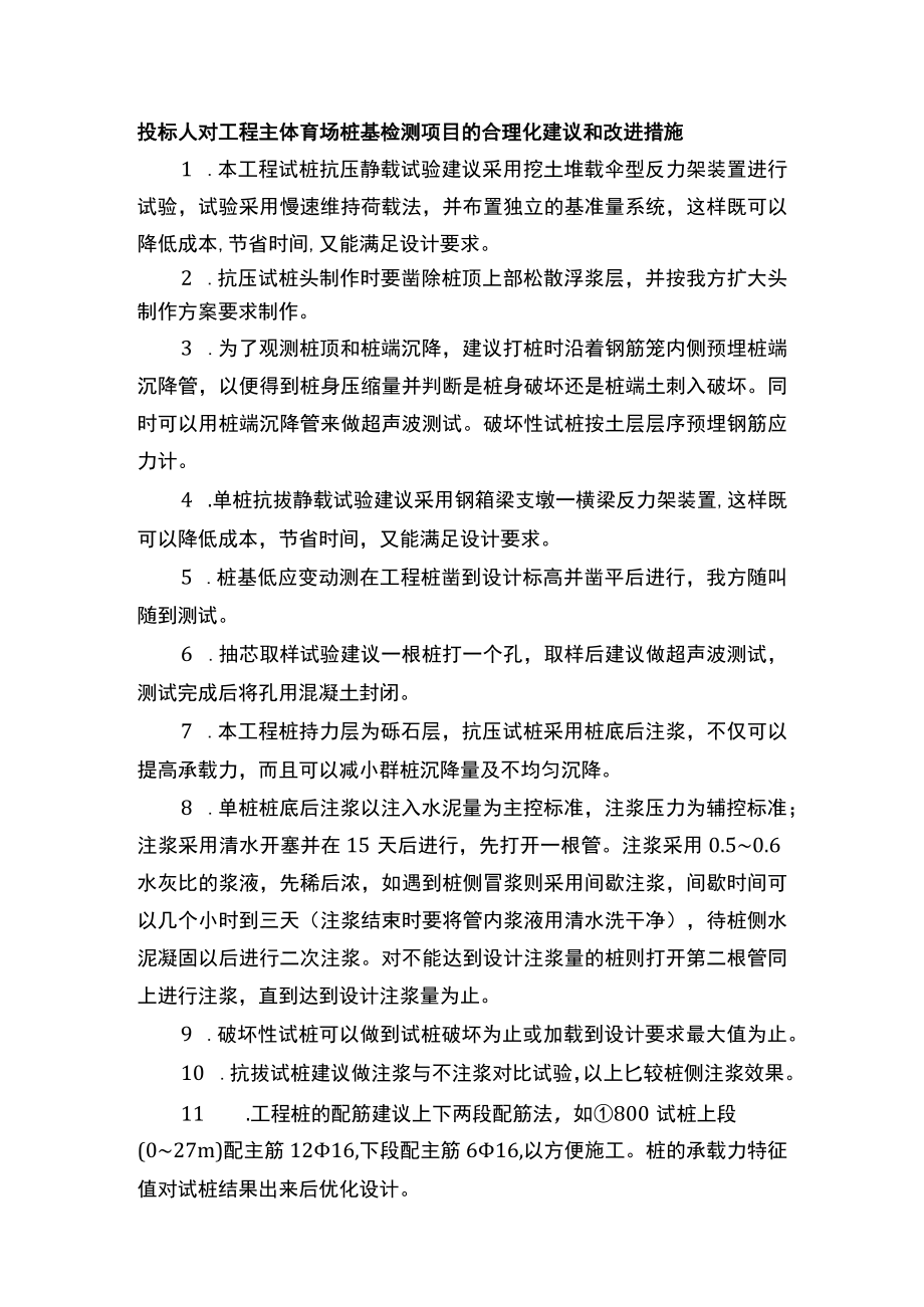 投标人对工程主体育场桩基检测项目的合理化建议和改进措施.docx_第1页