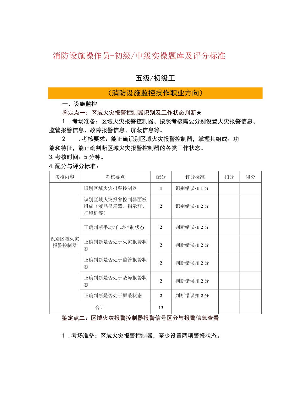 消防设施操作员-初级中级实操题库及评分标准.docx_第1页