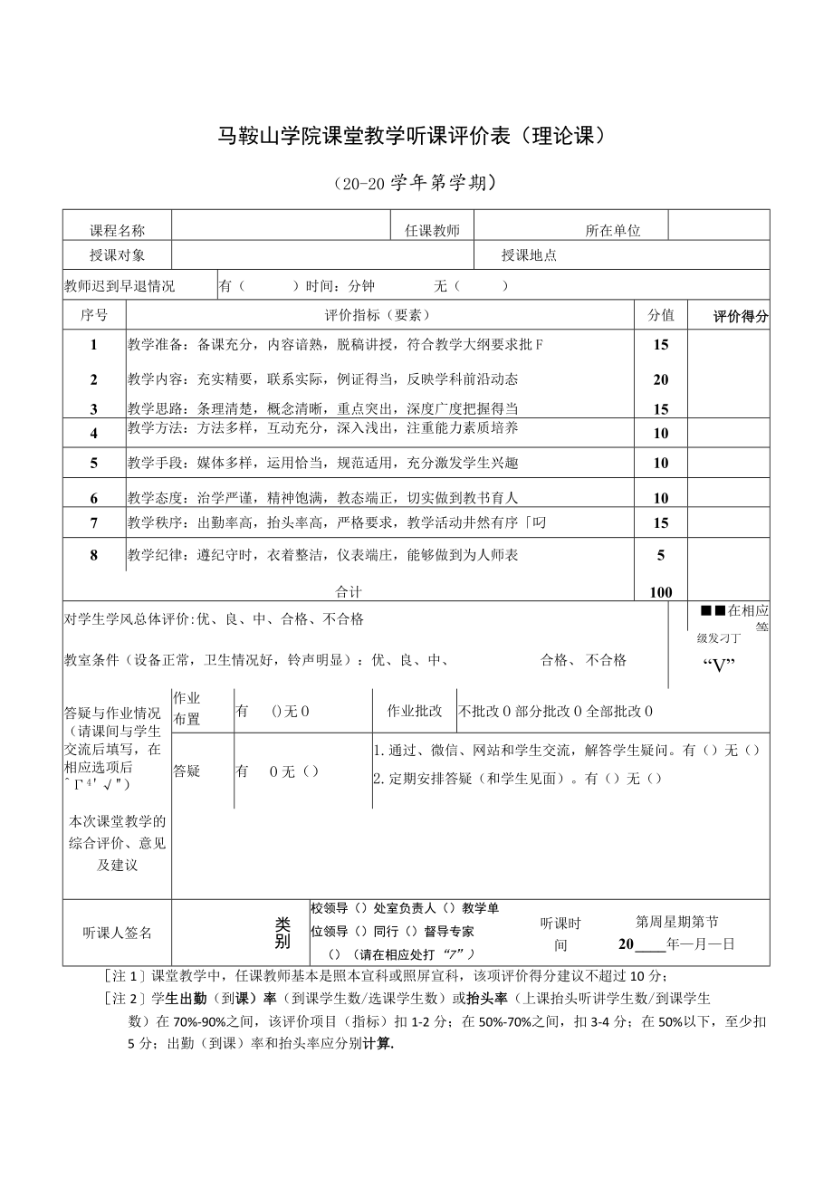 马鞍山学院课堂教学听课评价表理论课.docx_第1页