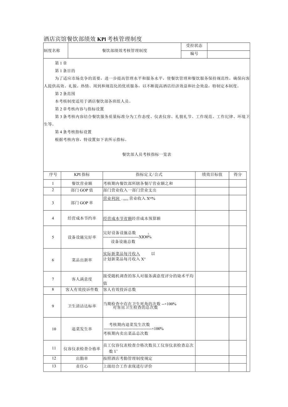 酒店宾馆餐饮部绩效KPI考核管理制度.docx_第1页