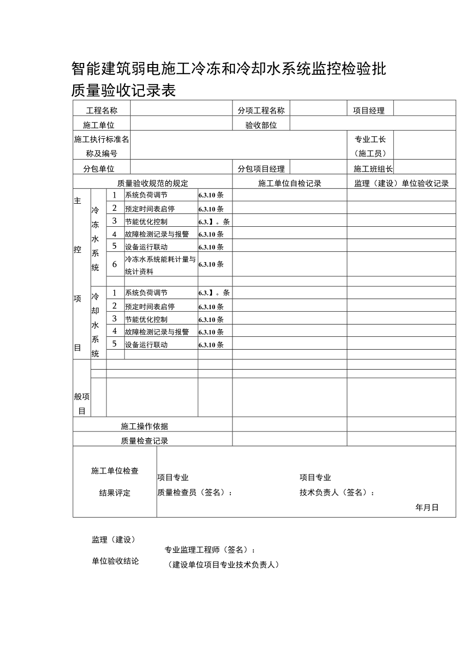 智能建筑弱电施工冷冻和冷却水系统监控检验批质量验收记录表.docx_第1页