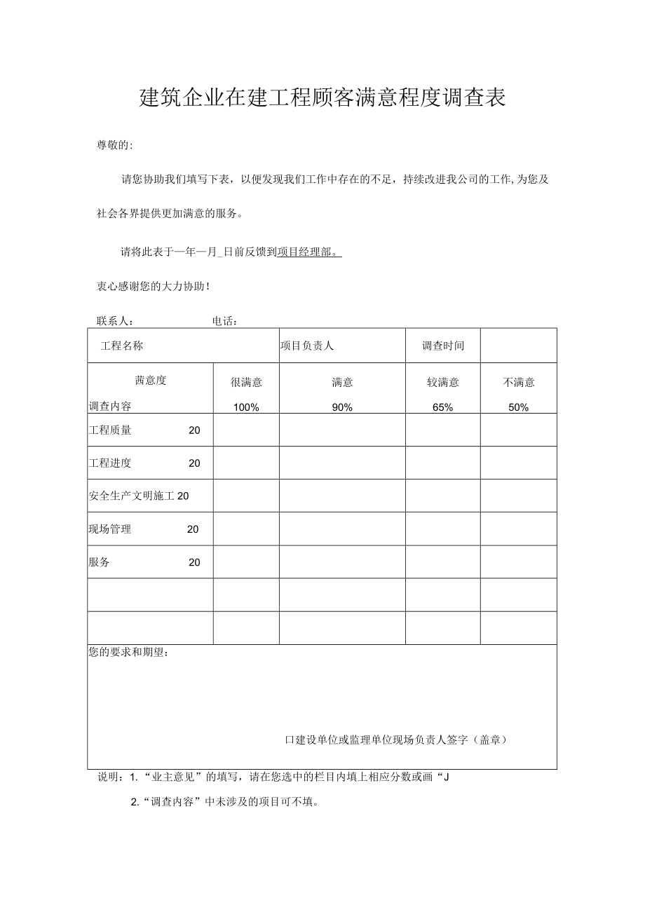 建筑企业在建工程顾客满意程度调查表.docx_第1页