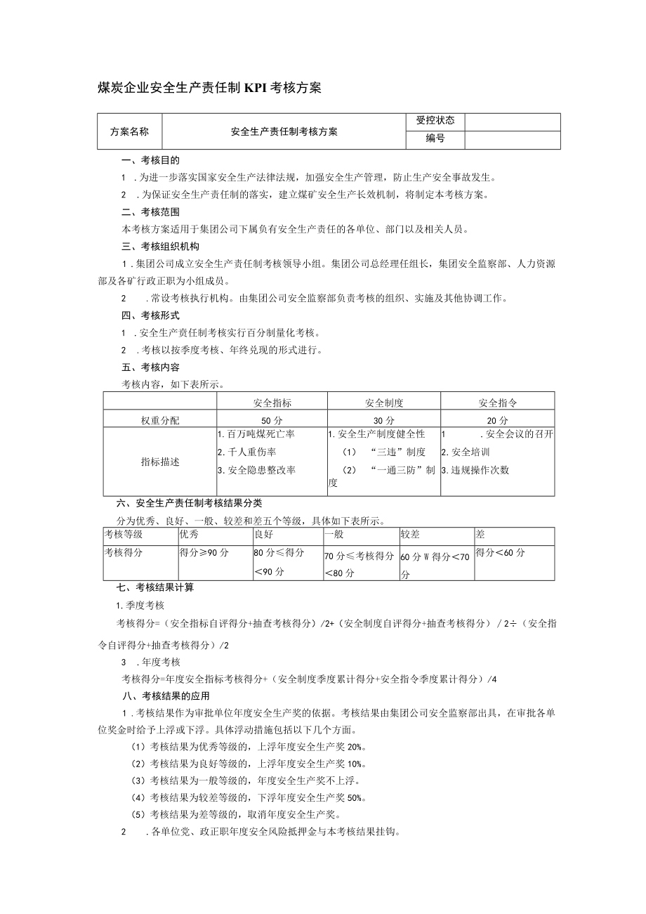 煤炭企业安全生产责任制KPI考核方案.docx_第1页