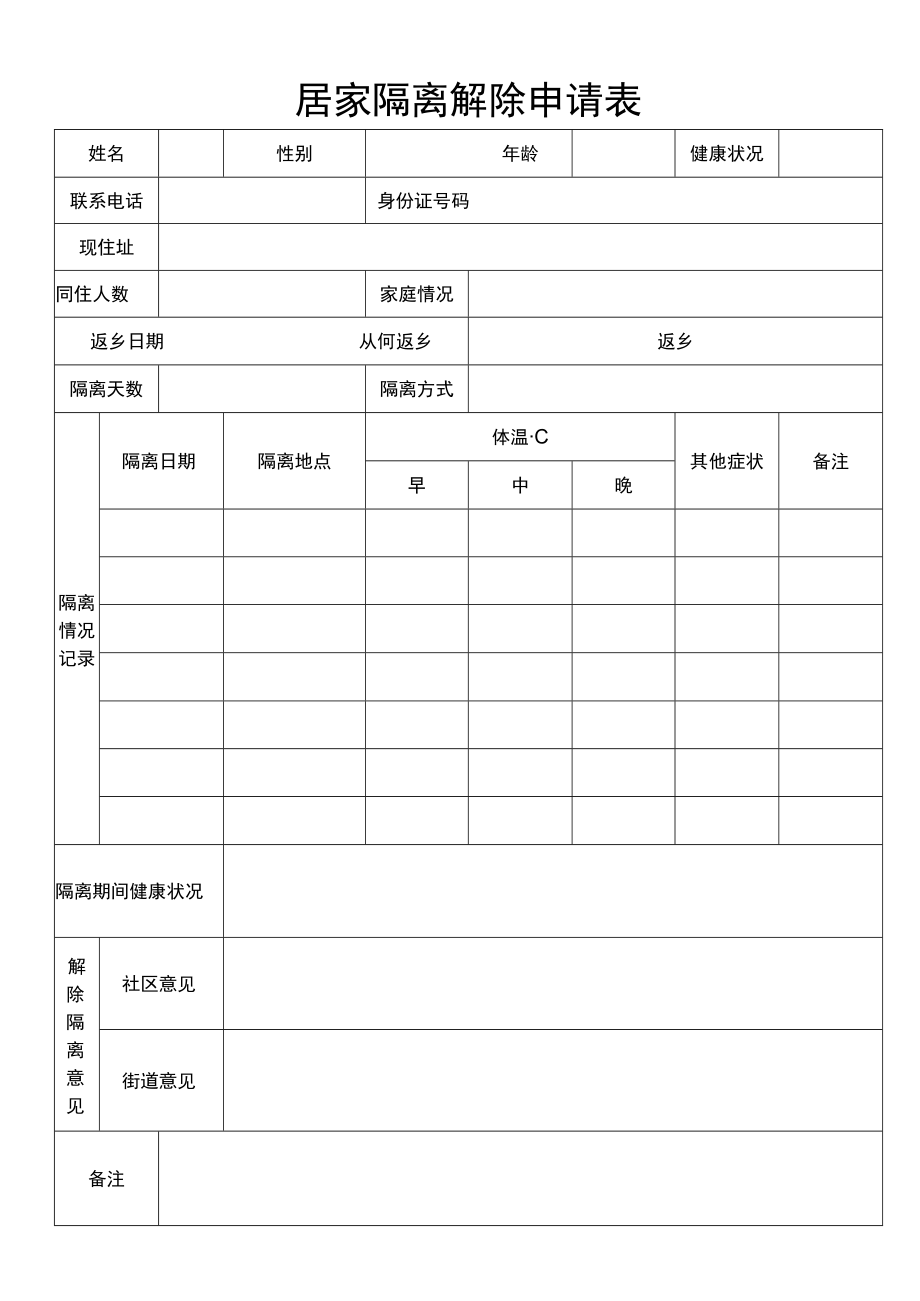 居家隔离解除申请表.docx_第1页