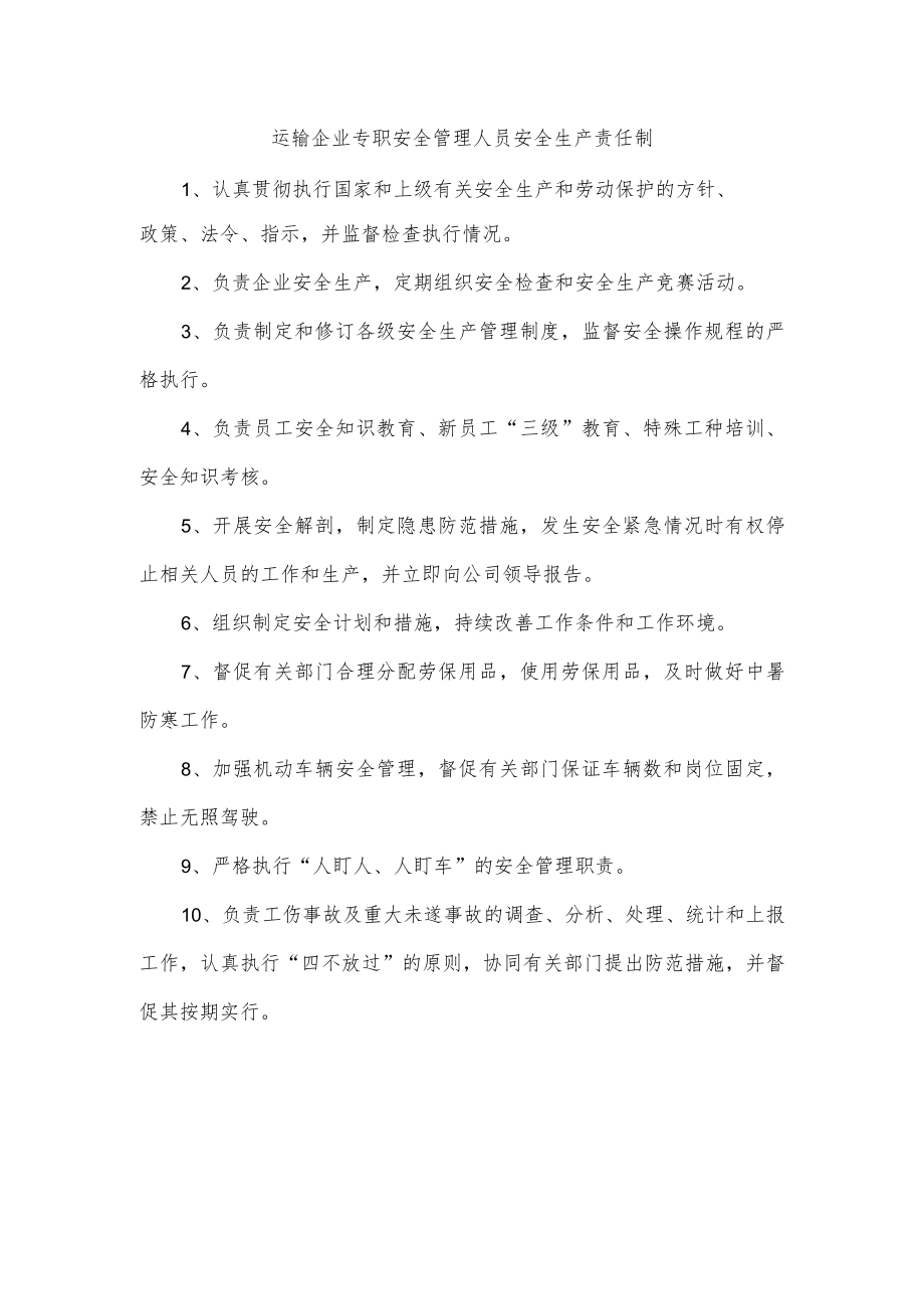 运输企业专职安全管理人员安全生产责任制.docx_第1页