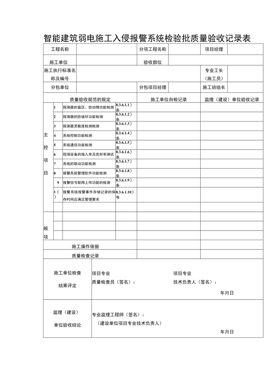 智能建筑弱电施工入侵报警系统检验批质量验收记录表.docx_第1页