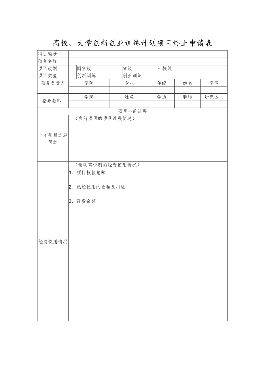 高校、大学创新创业训练计划项目终止申请表.docx_第1页