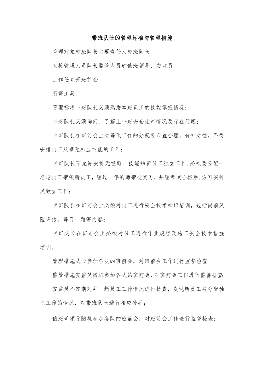 带班队长的管理标准与管理措施.docx_第1页