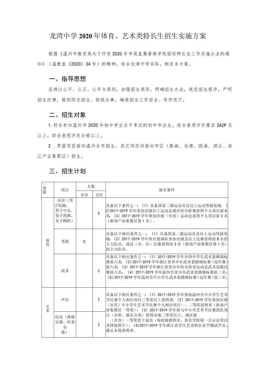 龙湾中学2020年体育、艺术类特长生招生实施方案.docx_第1页