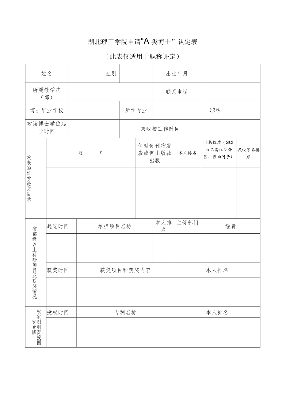 湖北理工学院申请“A类博士”认定表.docx_第1页