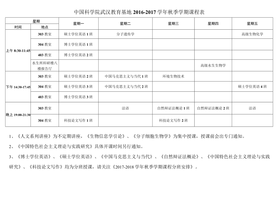 星期五中国科学院武汉教育基地2016－2017学年秋季学期课程表.docx_第1页