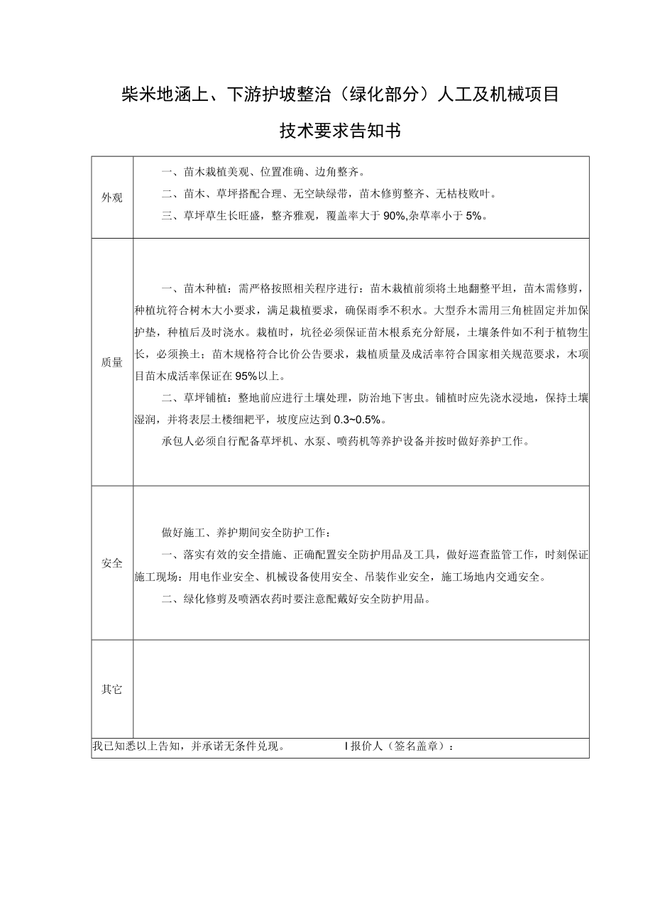 柴米地涵上、下游护坡整治绿化部分人工及机械项目技术要求告知书.docx_第1页