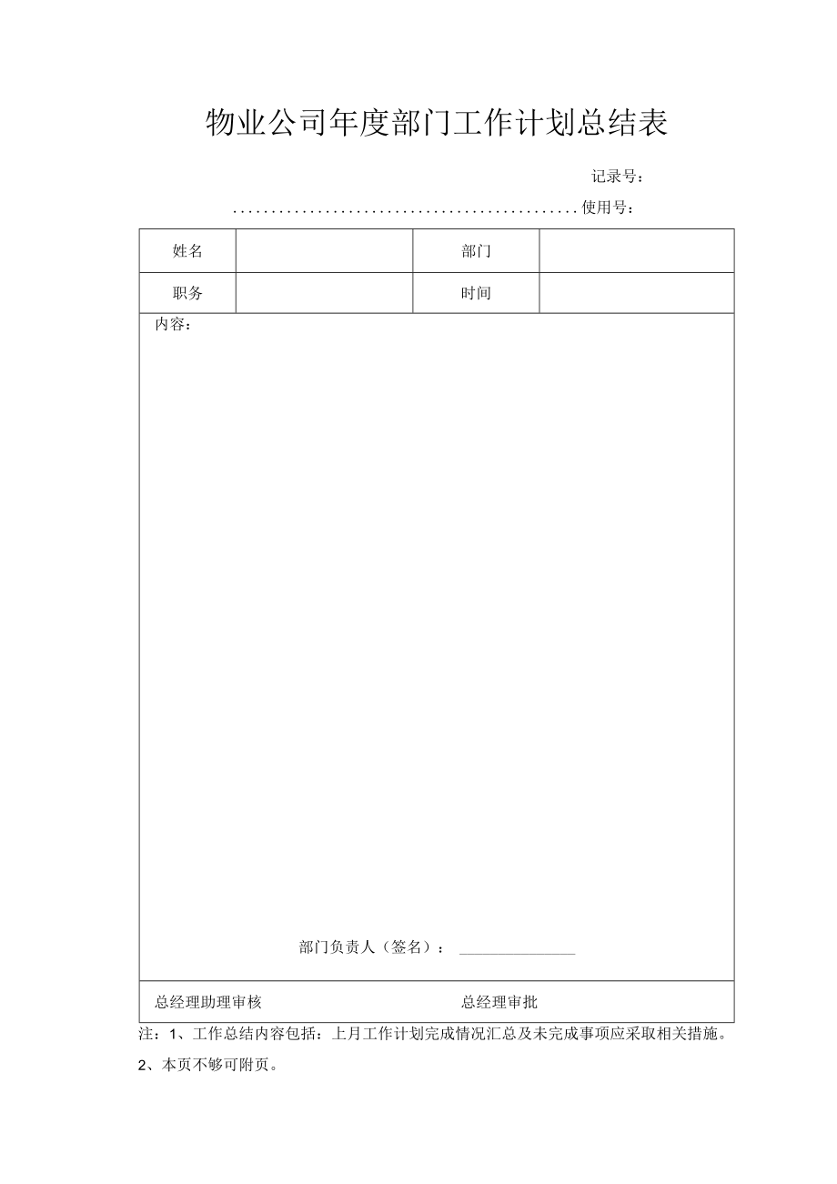 物业公司年度部门工作计划总结表.docx_第1页