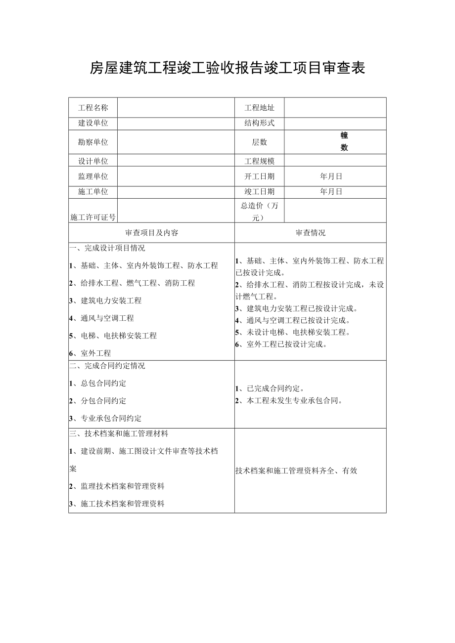 房屋建筑工程竣工验收报告竣工项目审查表.docx_第1页