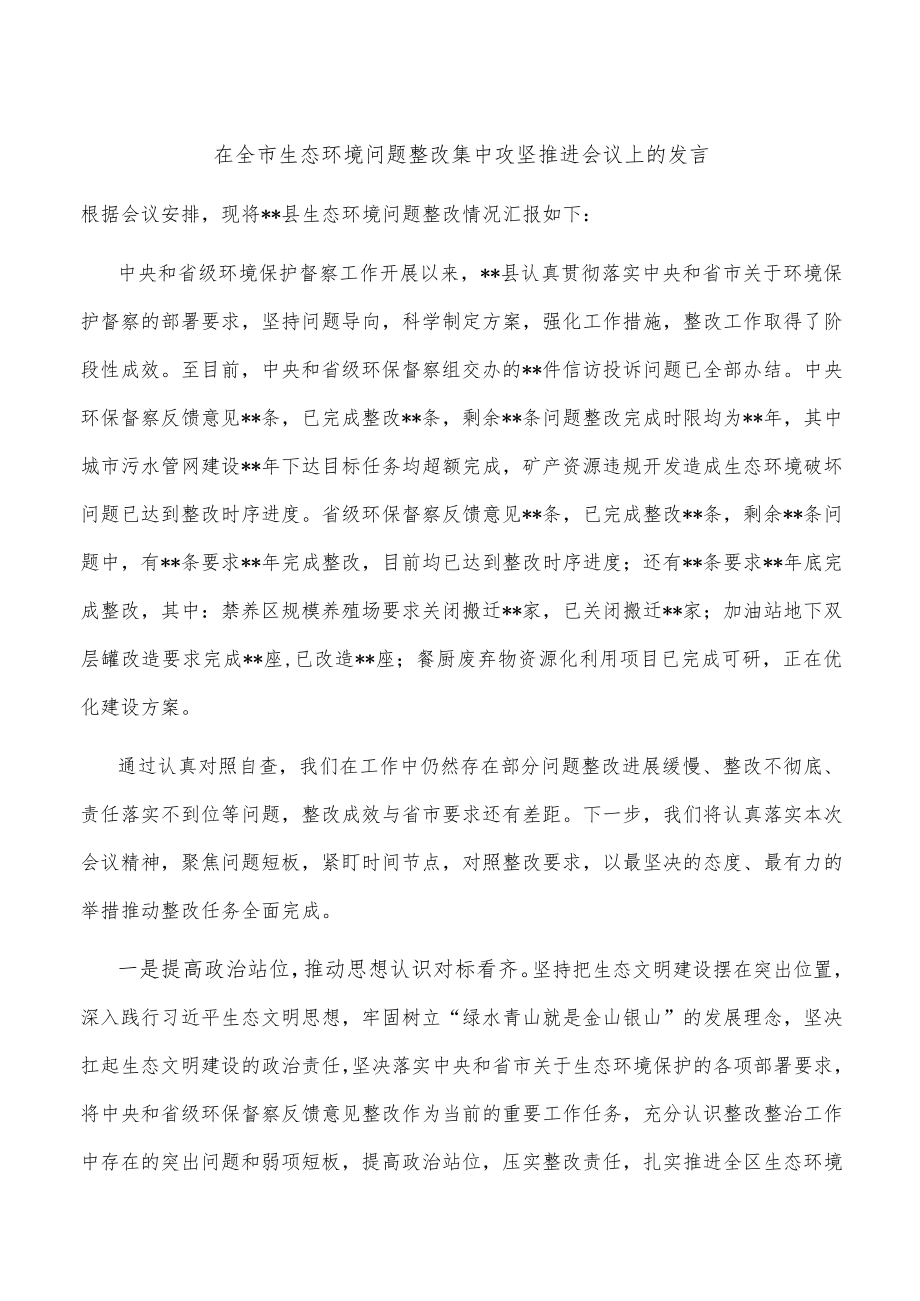 在全市生态环境问题整改集中攻坚推进会议上的发言.docx_第1页