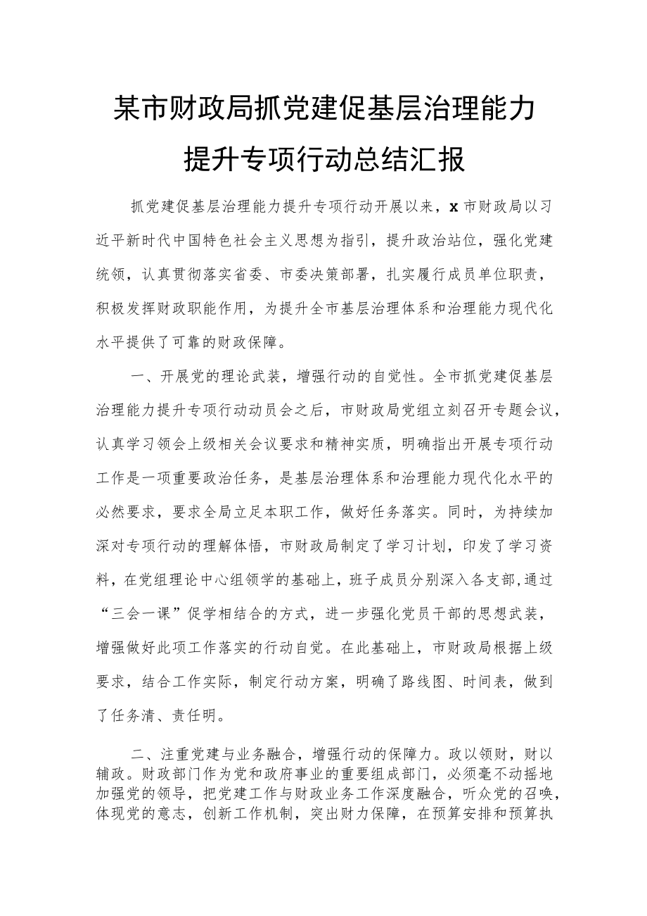 某市财政局抓党建促基层治理能力提升专项行动总结汇报.docx_第1页