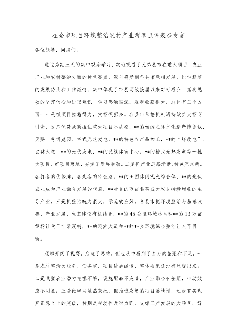 在全市项目环境整治农村产业观摩点评表态发言.docx_第1页