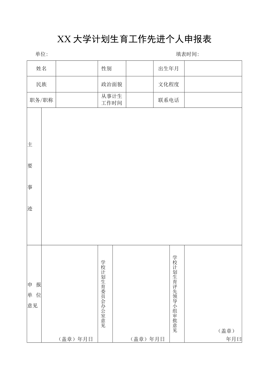 大学计划生育工作先进个人申报表.docx_第1页