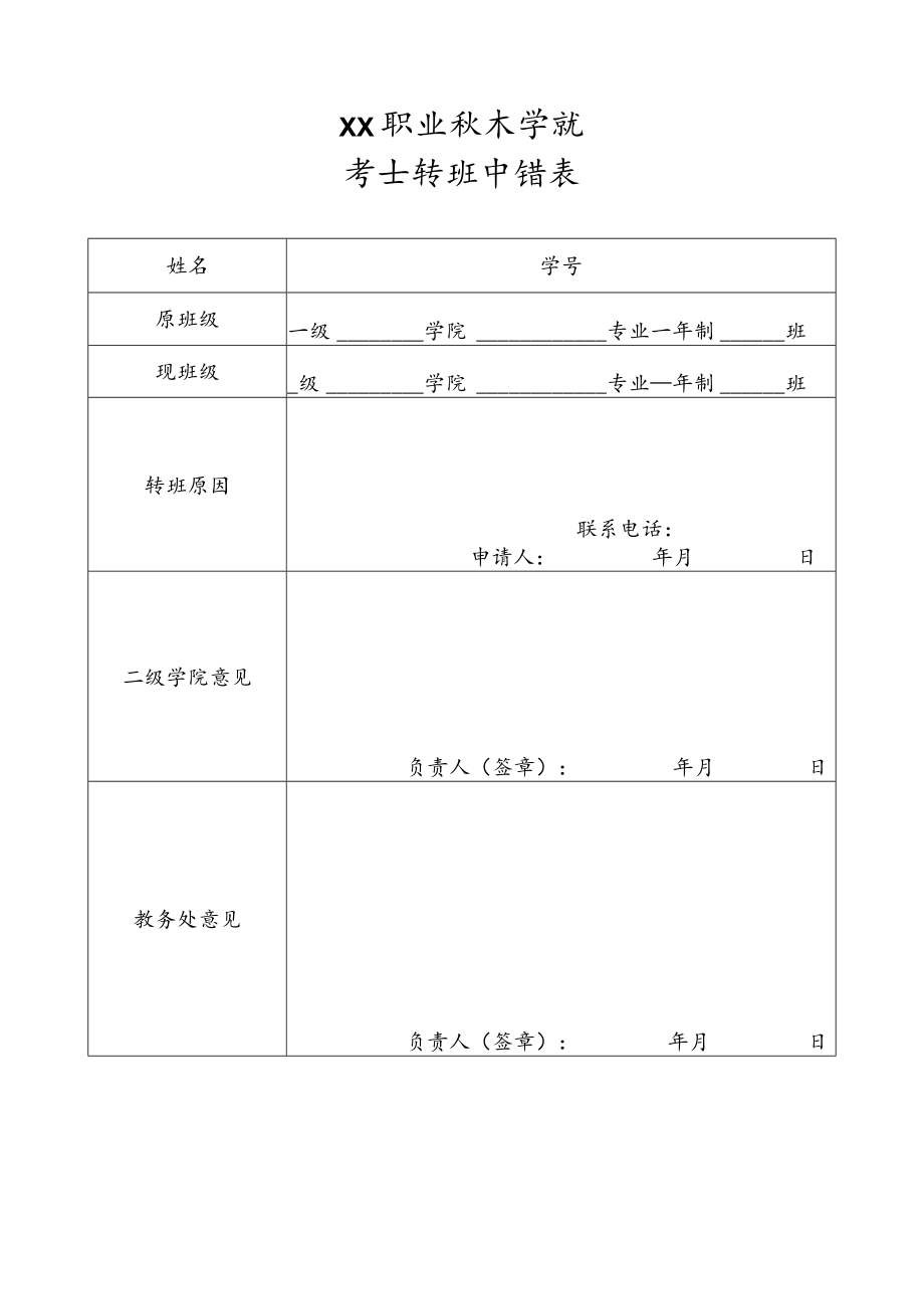 XX职业技术学院学生转班申请表.docx_第1页