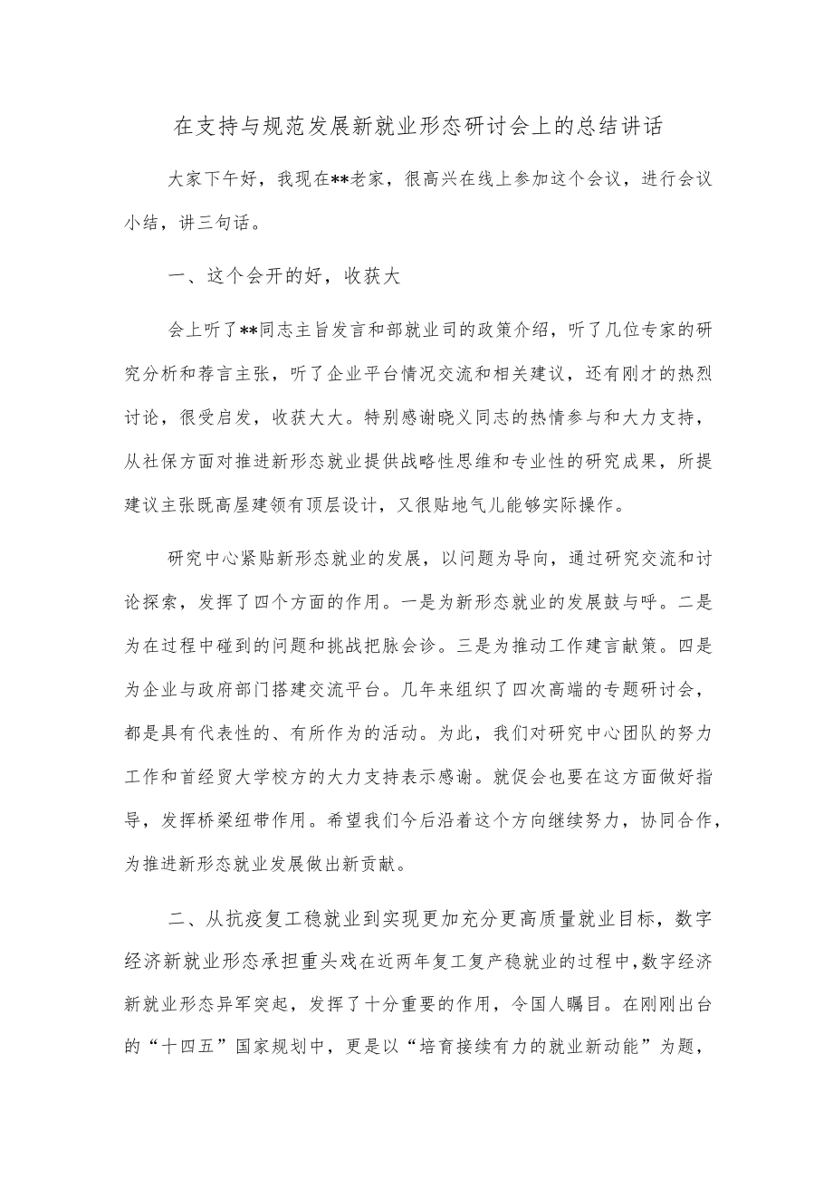 在支持与规范发展新就业形态研讨会上的总结讲话.docx_第1页