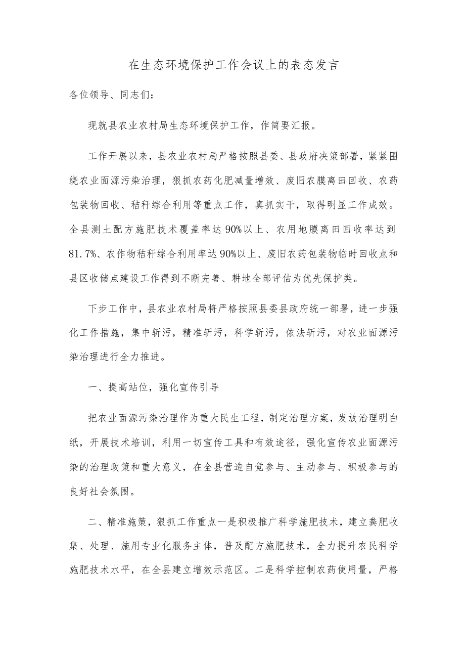 在生态环境保护工作会议上的表态发言.docx_第1页