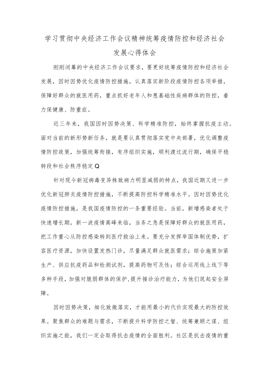 学习贯彻中央经济工作会议精神统筹疫情防控和经济社会发展心得体会.docx_第1页