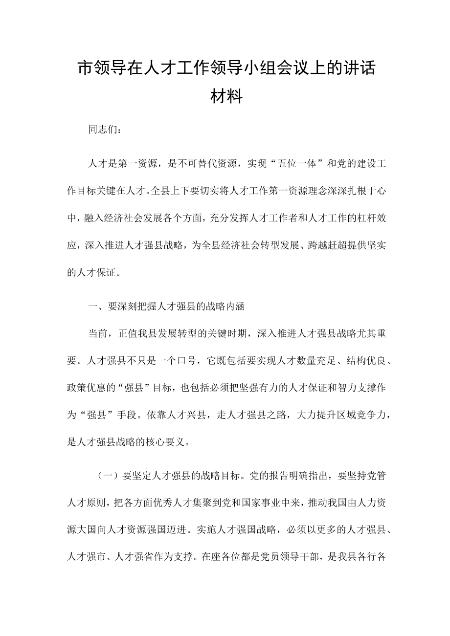 市领导在人才工作领导小组会议上的讲话材料.docx_第1页