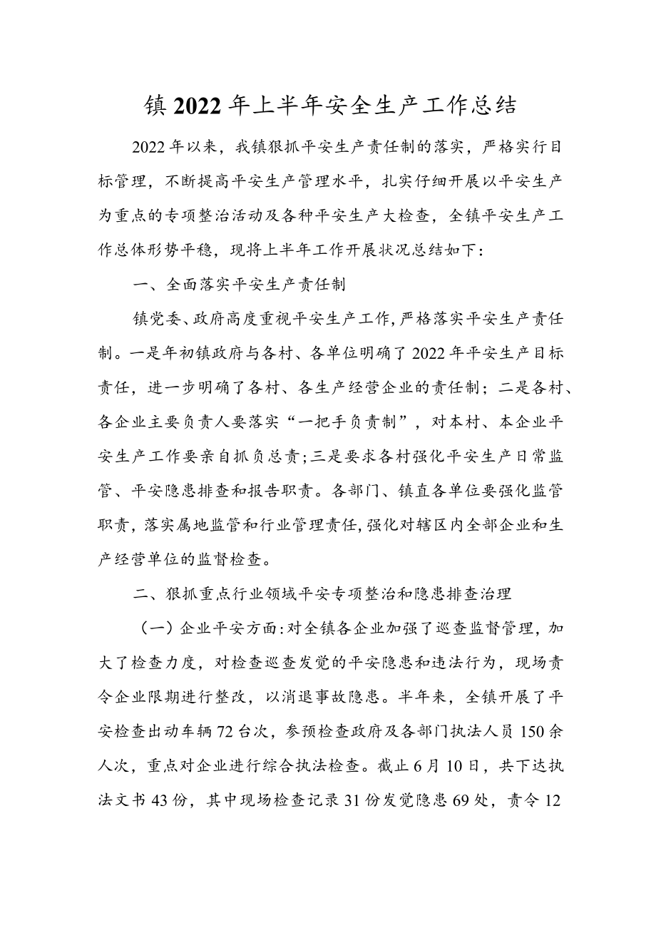 镇2022年上半年安全生产工作总结.docx_第1页