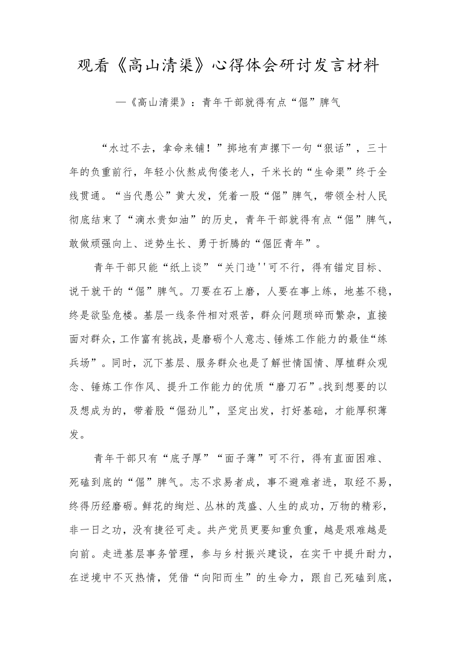 青年干部观看《高山清渠》心得体会研讨发言材料（十五）.docx_第1页