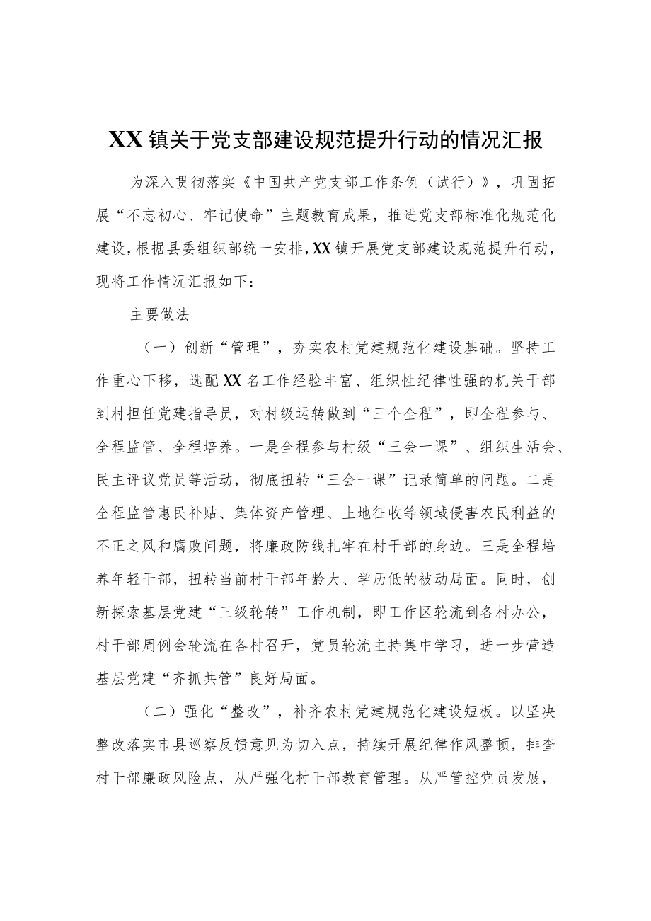 XX镇关于党支部建设规范提升行动的情况汇报.docx_第1页