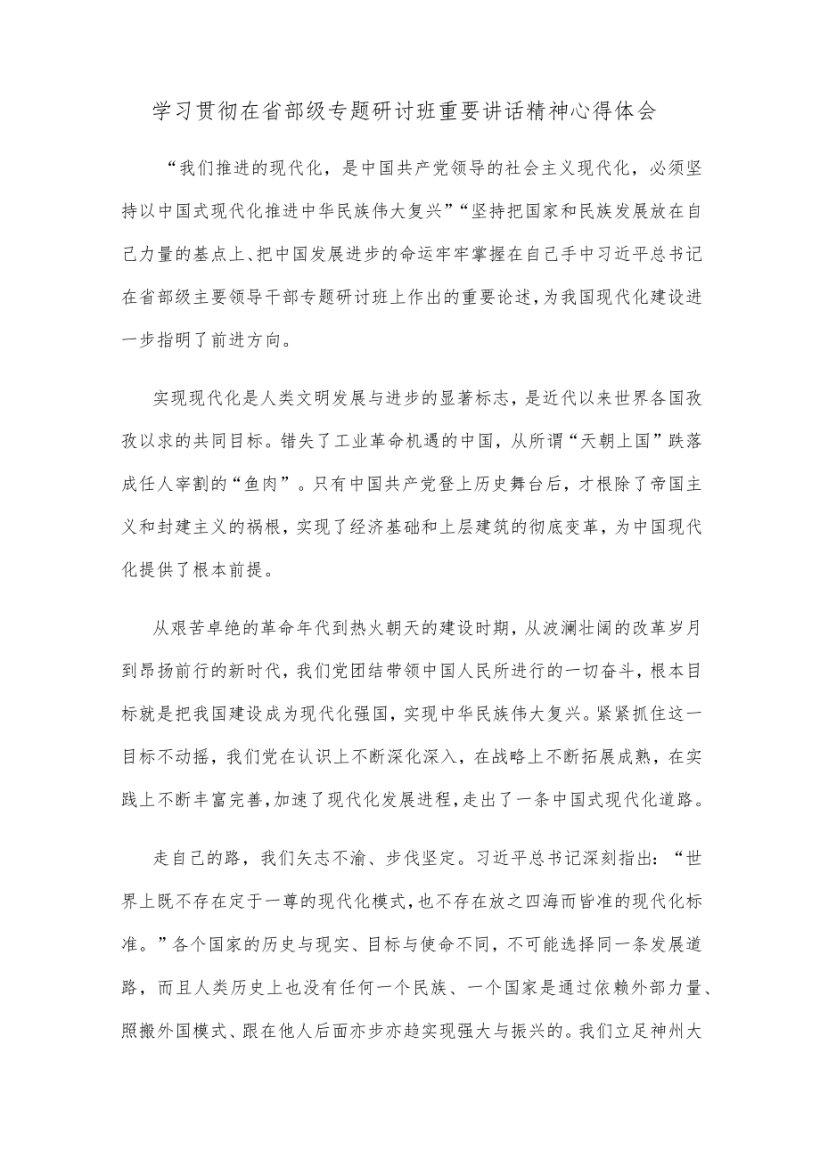 学习贯彻在省部级专题研讨班重要讲话精神心得体会.docx_第1页