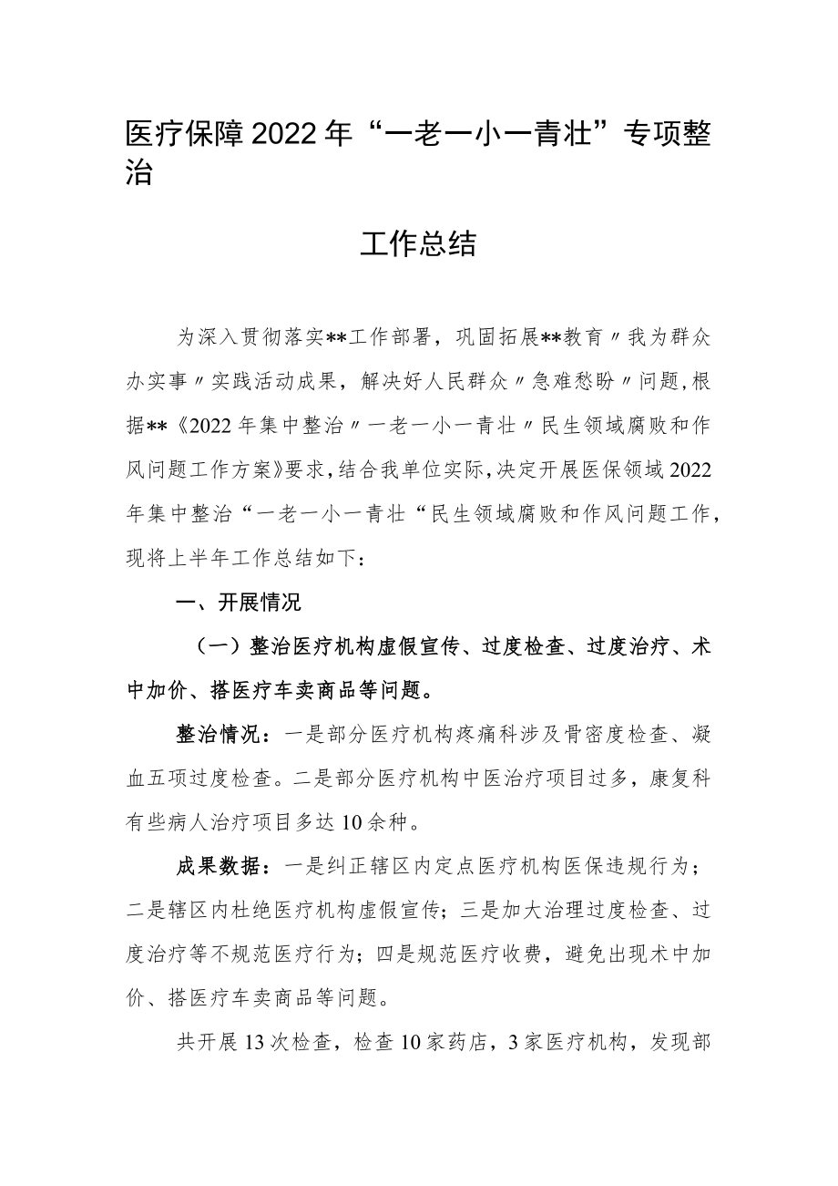 医疗保障2022年“一老一小一青壮”专项整治工作总结.docx_第1页