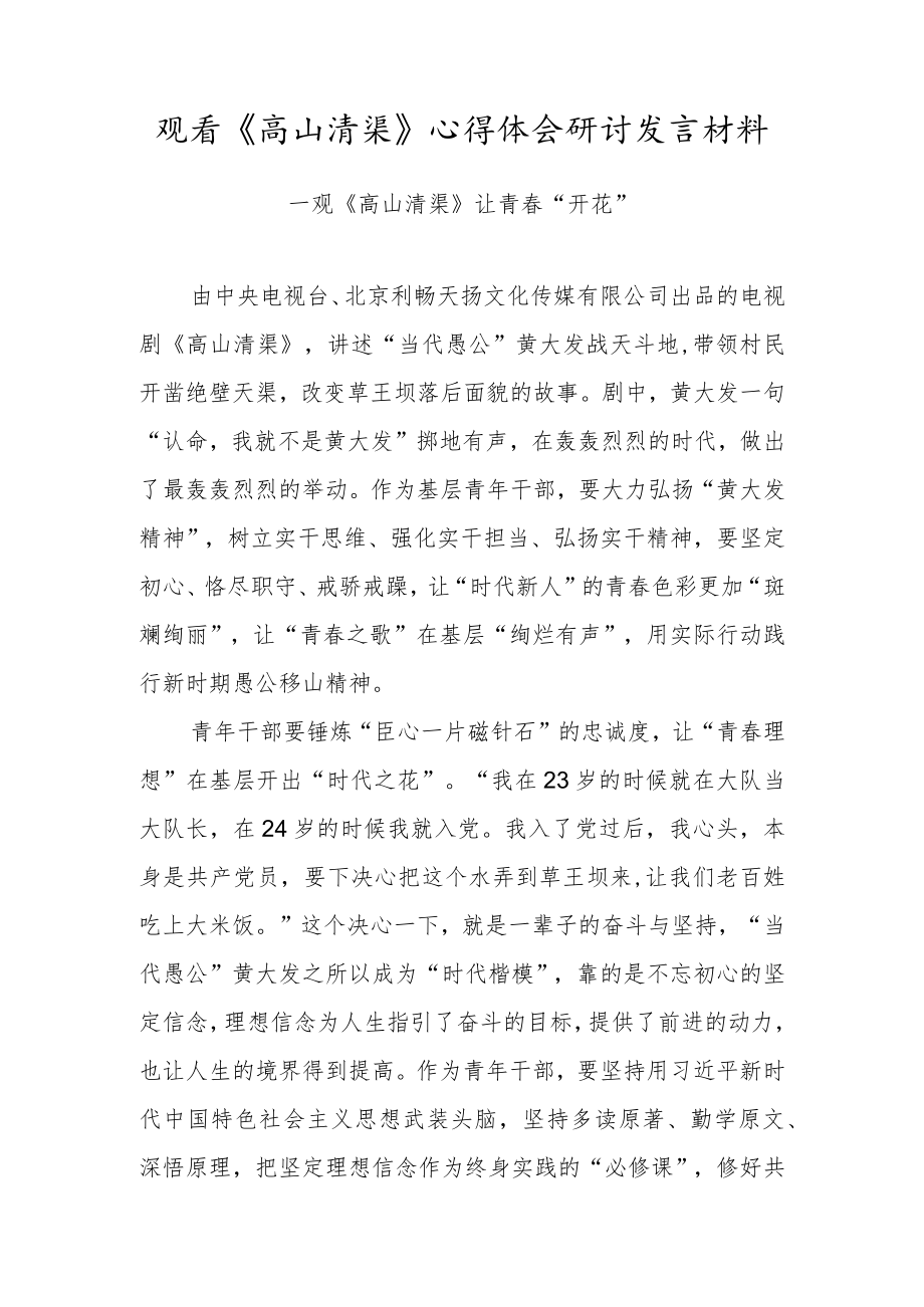 青年干部观看《高山清渠》心得体会研讨发言材料（十）.docx_第1页