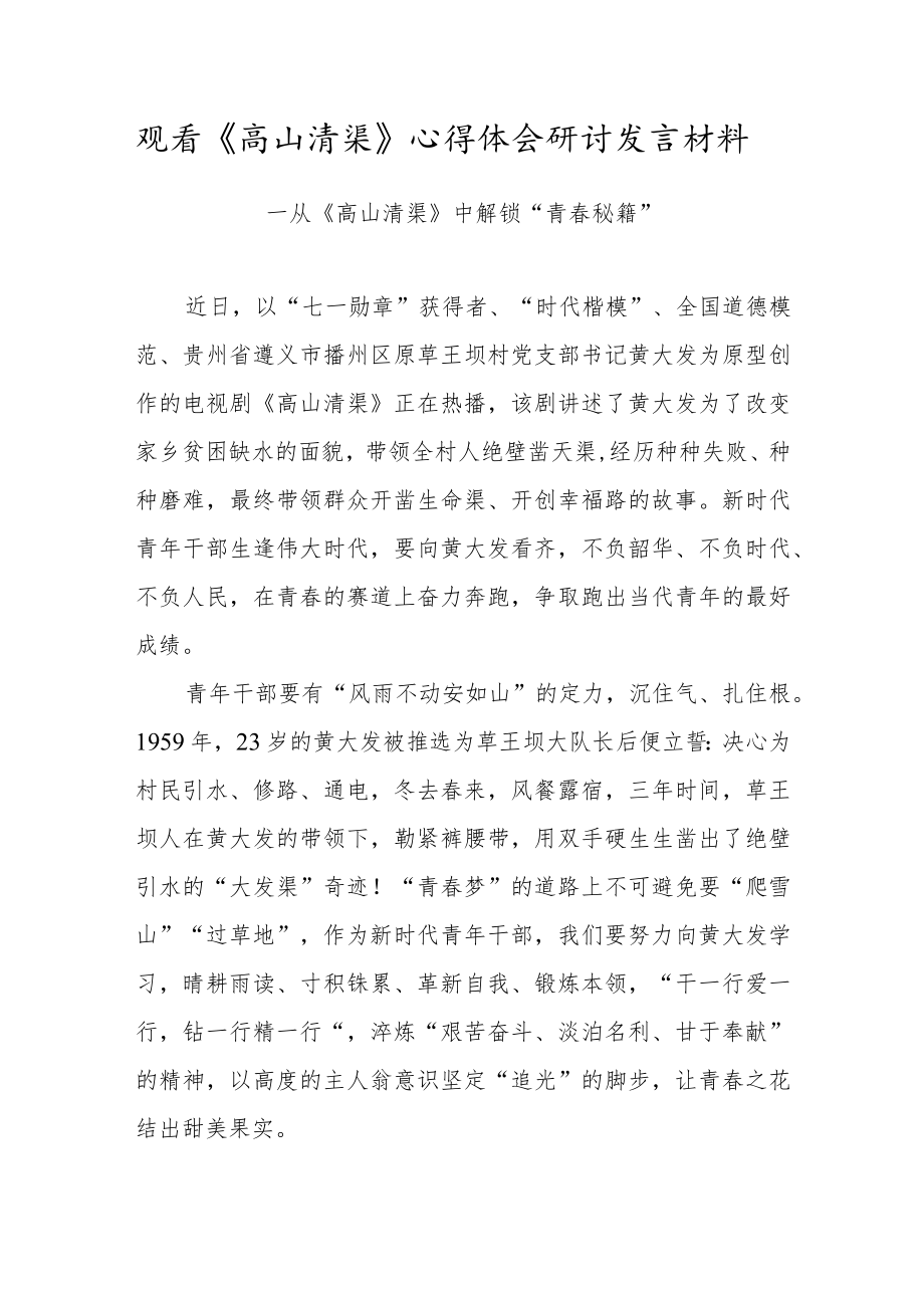 青年干部观看《高山清渠》心得体会研讨发言材料（十一）.docx_第1页