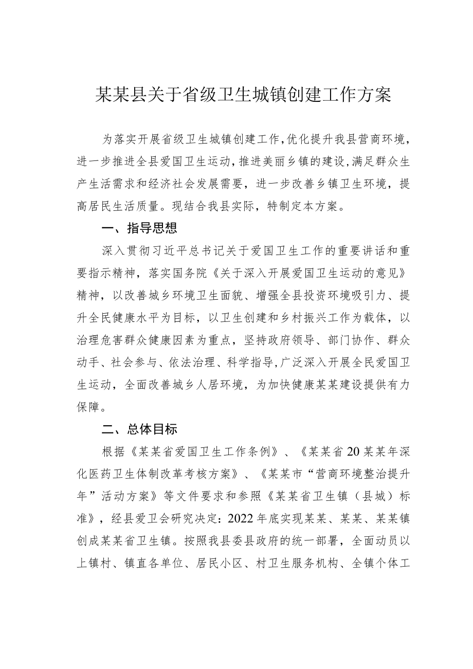 某某县关于省级卫生城镇创建工作方案.docx_第1页