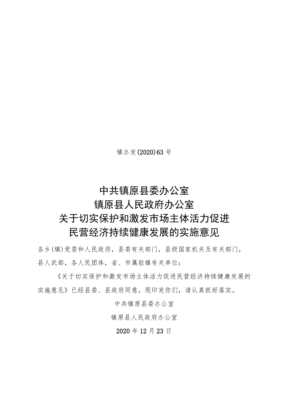 《关于切实保护和激发市场主体活力促进民营经济持续健康发展的实施意见》.docx_第1页