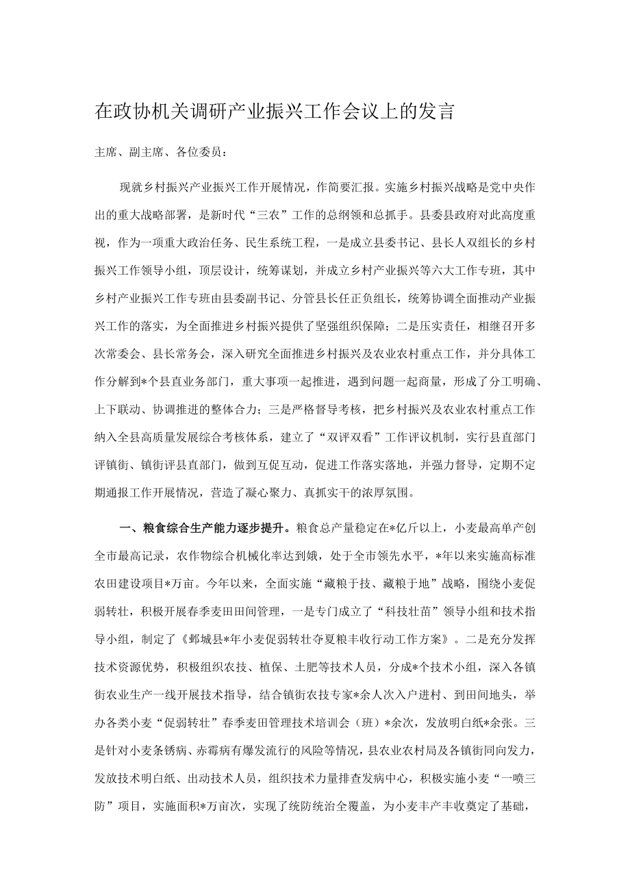 在政协机关调研产业振兴工作会议上的发言.docx_第1页