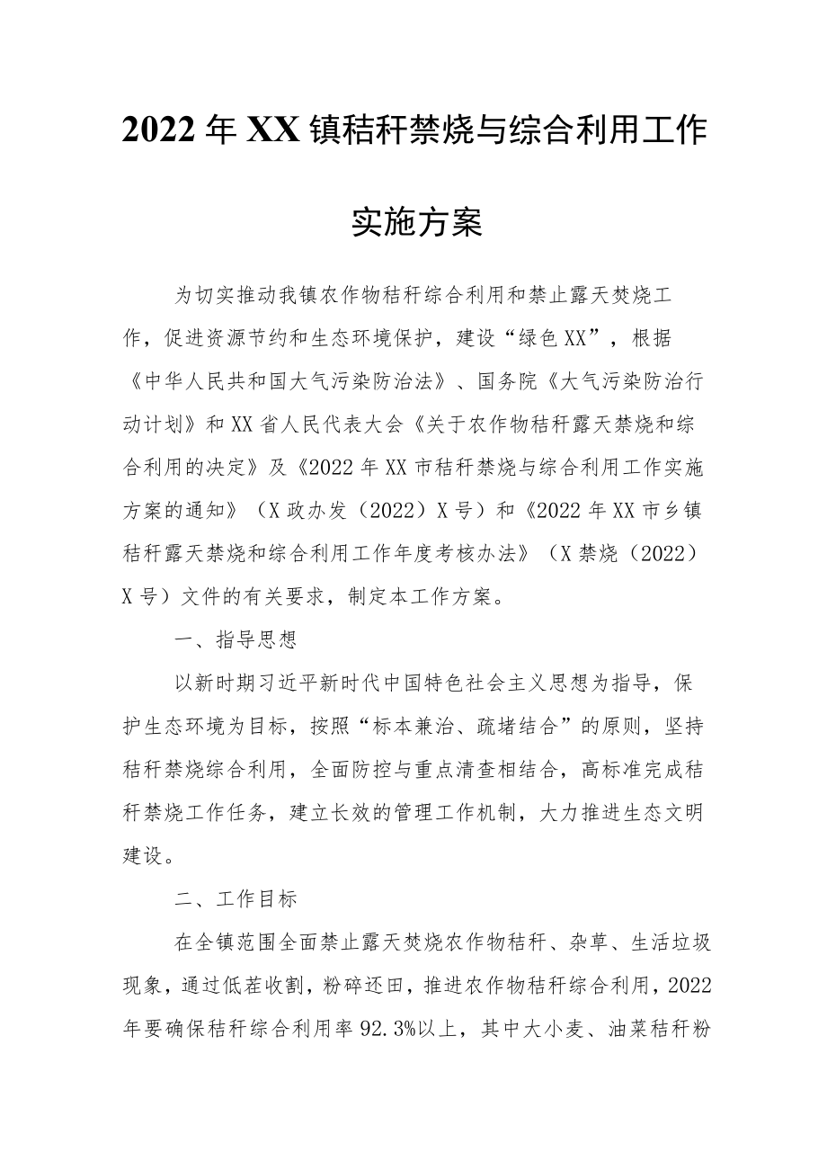 2022年XX镇秸秆禁烧与综合利用工作实施方案1.docx_第1页