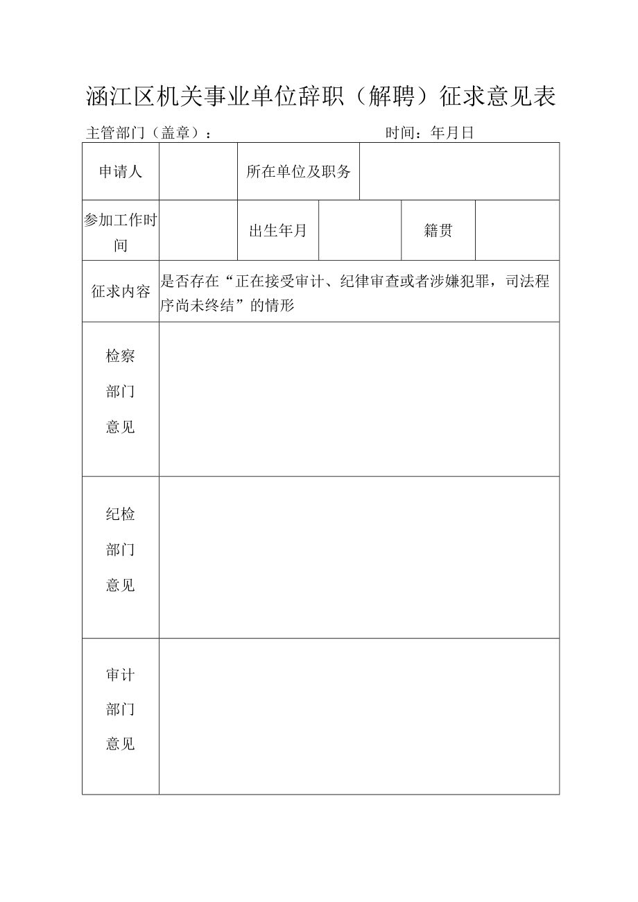 涵江区机关事业单位辞职（解聘）征求意见表.docx_第1页