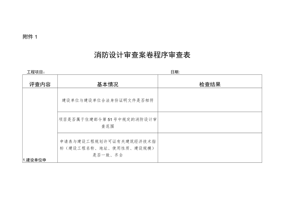 消防设计审查案卷程序、技术审查初评表、消防验收（备案）案卷抽查程序性表格、技术审查初评表（正式）.docx_第1页